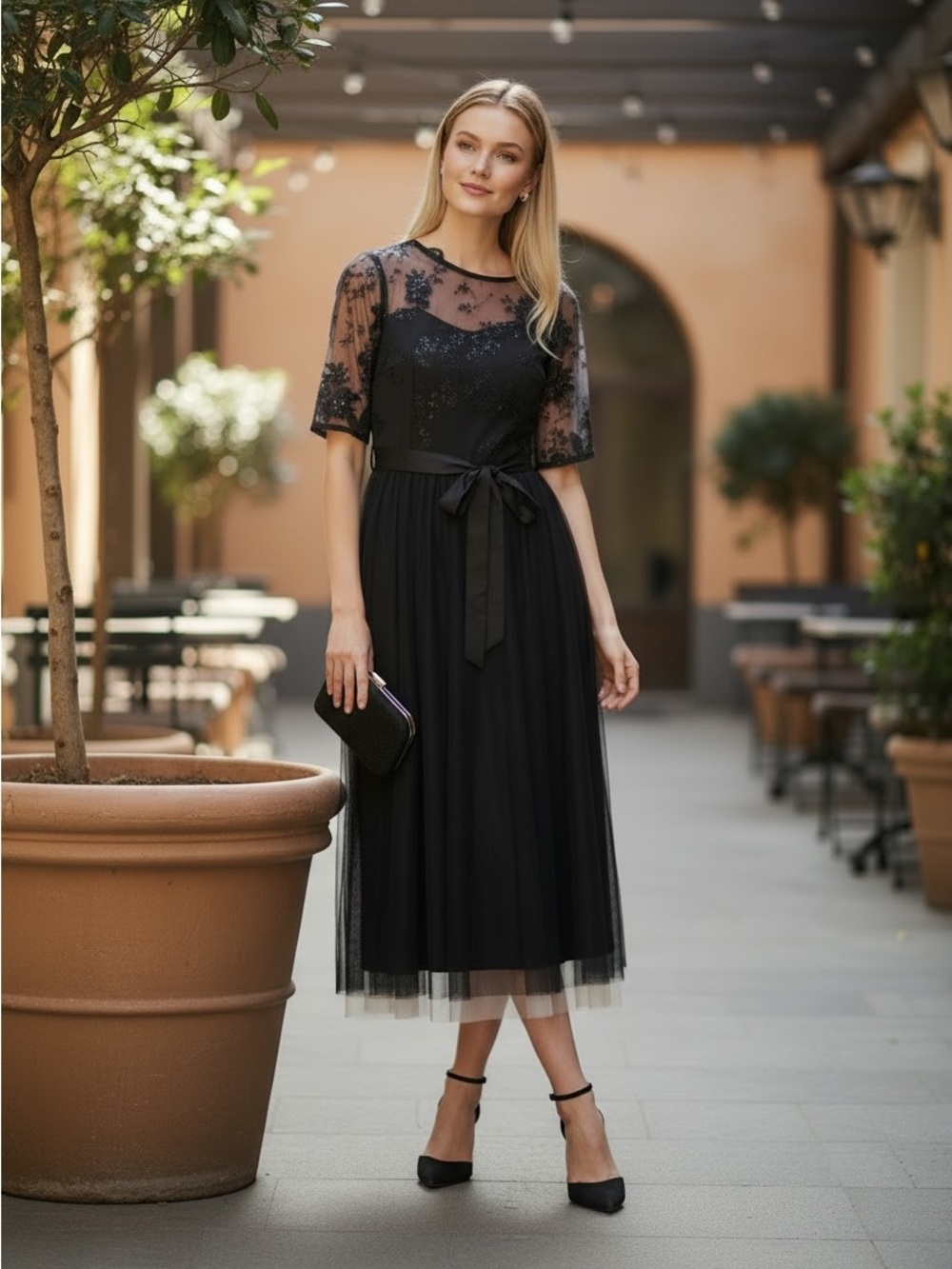 Black Embroidered Tulle Midi Dress with Waist Tie